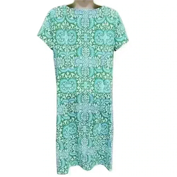 Talbots Green Blue Short Sleeve Button Detail dress Stretchy Comfy Size M (D16) - Picture 2 of 6